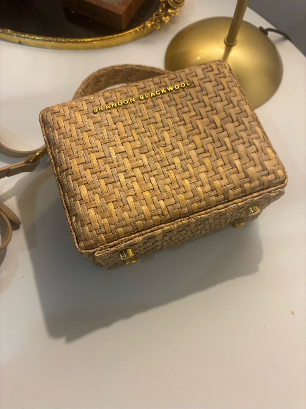 Brandon Blackwood Natural Beige Woven Top-Handle Mini Bag with Gold Hardware - Picture 7 of 7